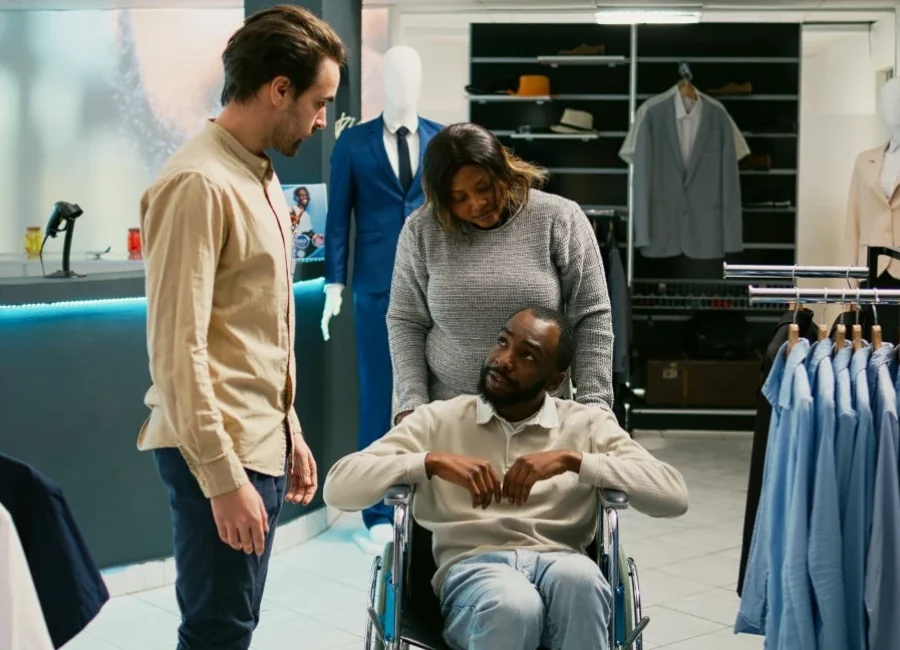 Man in wheelchair at clothes store with carer and shop assistant